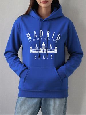 Мадрид Испания Принтованные Толстовки Женские Базовые Пуловеры с Карманом Осень Зима Флисовые Теплые Свитшоты Повседневная Свободная Женская Одежда