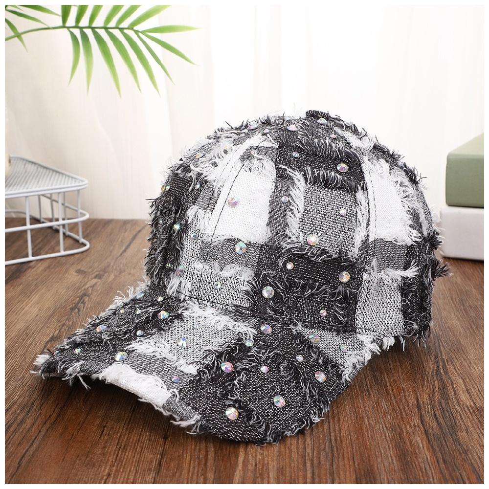 Custom Women's Summer Hat Star-Print Rhinestone Baseball Cap Sun Hat with Hand-set Diamond Holes Checkered Fringe