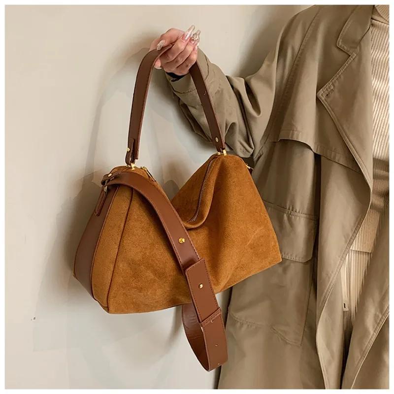 Style Fashion Zipper Solid Faux Suede Top-Handle Bag High Quality Large Capacity Simple Shoulder Bag