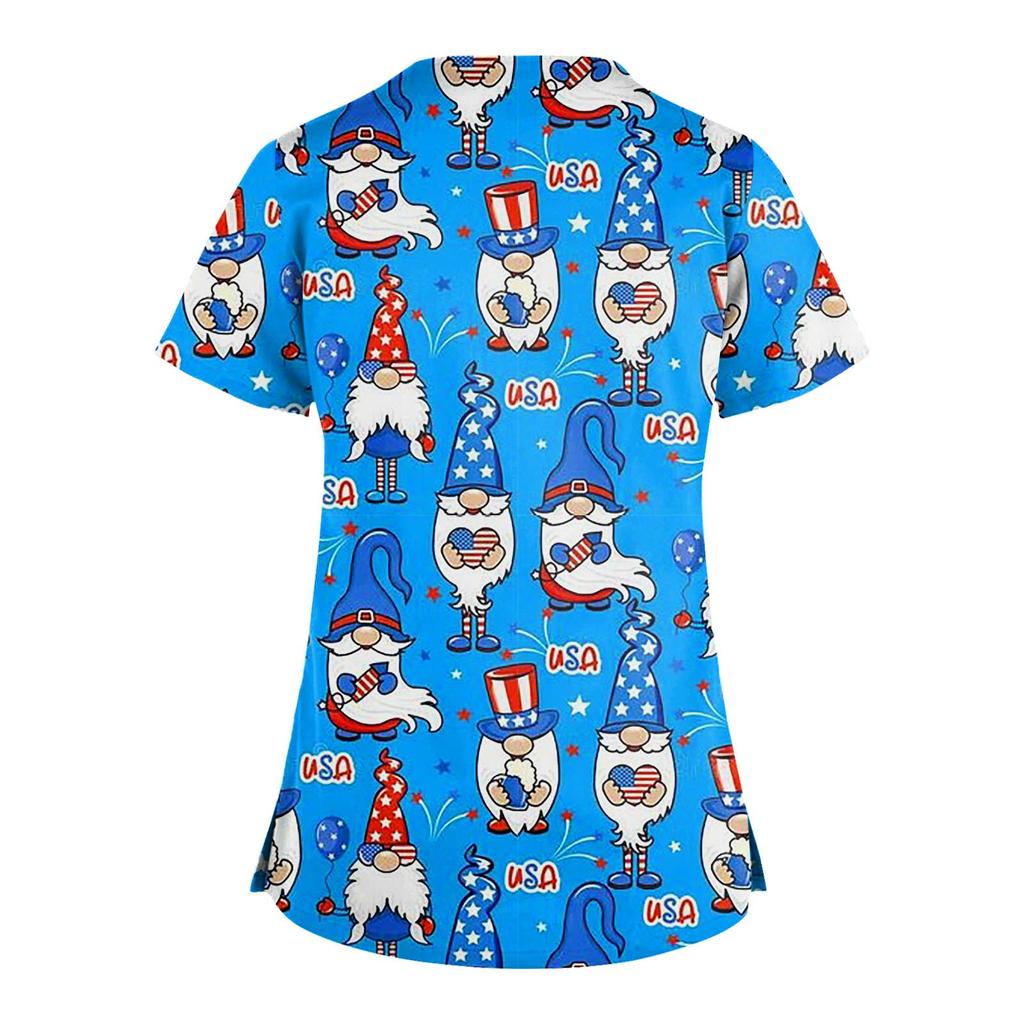 Plus Size Cute Printed Scrub Working Uniform Tops For Women Cross V-Neck Short Sleeve Fun T-Shirts Workwear Tee With Pockets