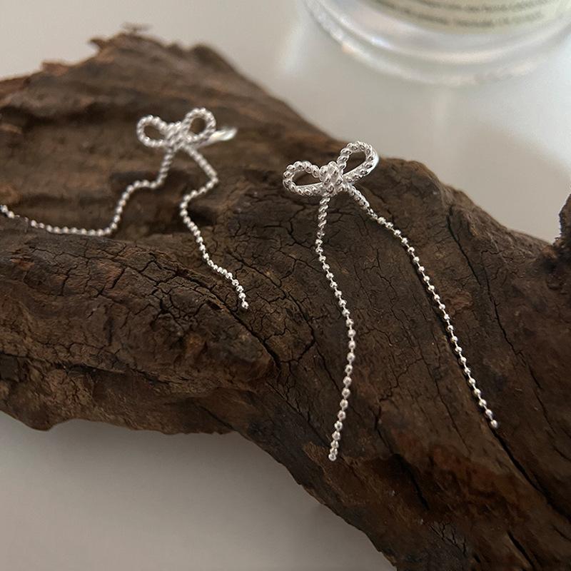 Bow Tassel Ear Clips, Sweet Personality And Thin Round Bead Chain, Ear Bone Clips, Long Earrings Without Piercings, Women