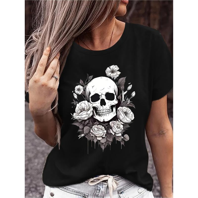 Женская повседневная футболка с графическим принтом черепа и цветов Черно-белая печать Свободный крой Круглый вырез Короткий рукав Дышащая Машинная стирка Дерзкая Полупрозрачная Летняя