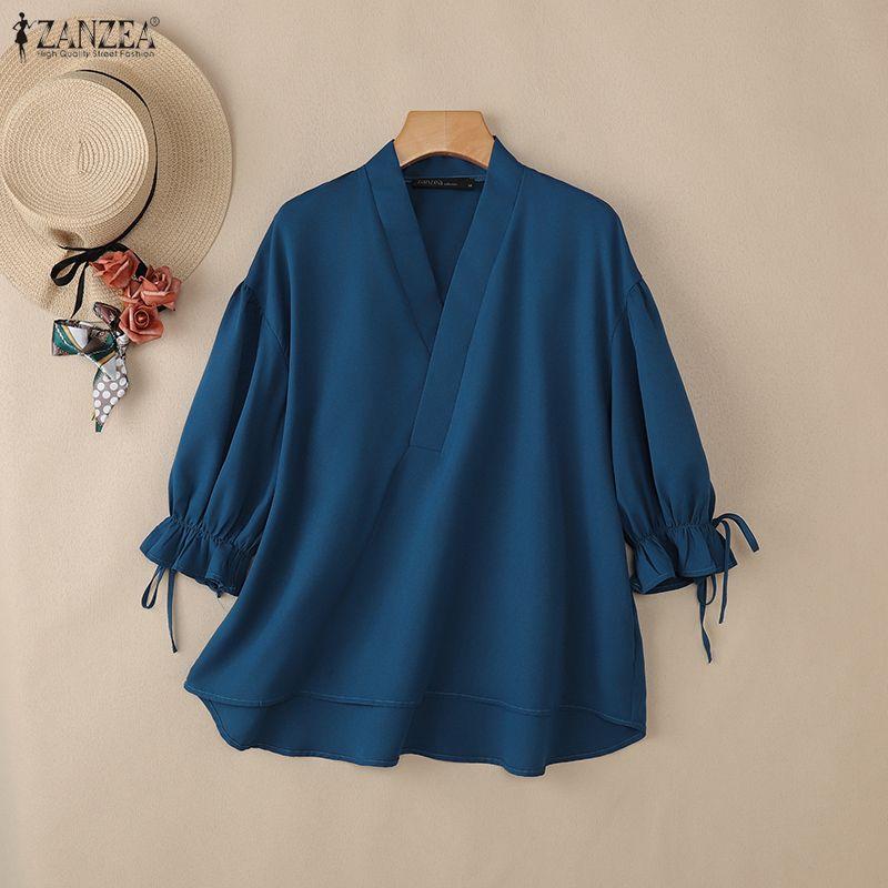 ZANZEA Женская повседневная однотонная свободная блузка с V-образным вырезом и рукавом 3/4