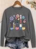 Women's Casual Long Sleeve Tee with Floral & Lab Glassware Print, Crew Neck Soft Minimalist Top for Commute Vacation Outdoor Daily Wear Gift,