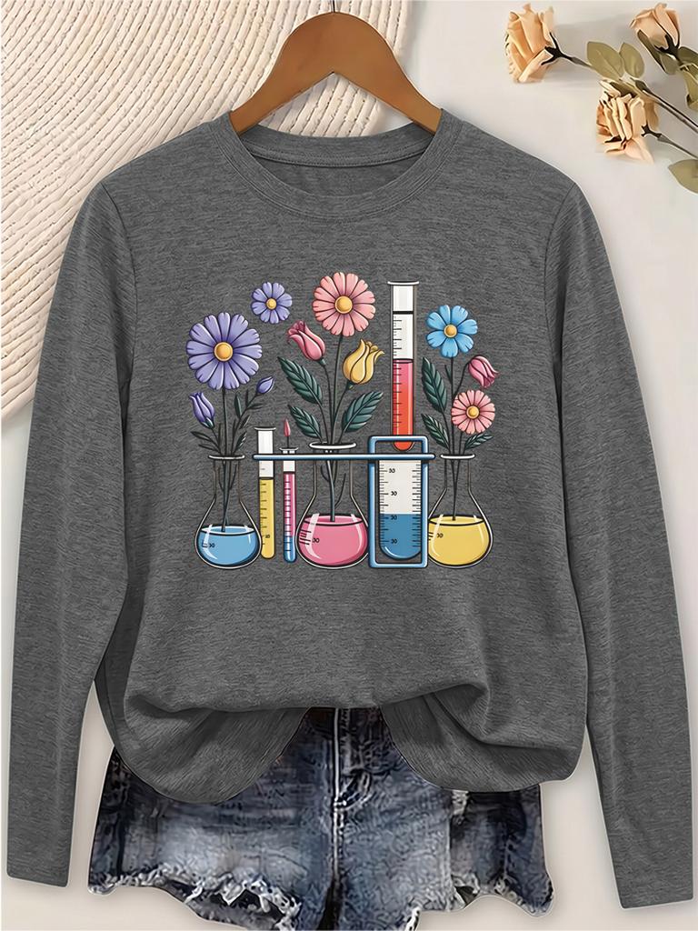 Women's Casual Long Sleeve Tee with Floral & Lab Glassware Print, Crew Neck Soft Minimalist Top for Commute Vacation Outdoor Daily Wear Gift,