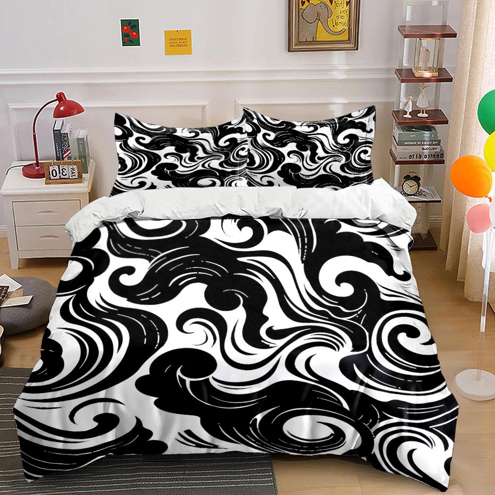 Abstract Black Swirl Decorative Set Bedding Set with 1 Duvet Cover 2 Pillowcases Single Double King Queen, Gift