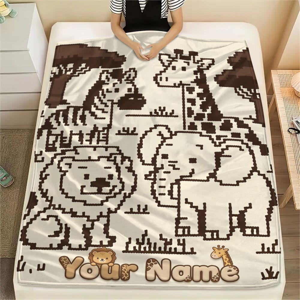 Custom Name,Cute Safari Animal Series Printed Flannel Blanket, soft throw for bedroom sofa, washable,fan merchandise, great gift.chl
