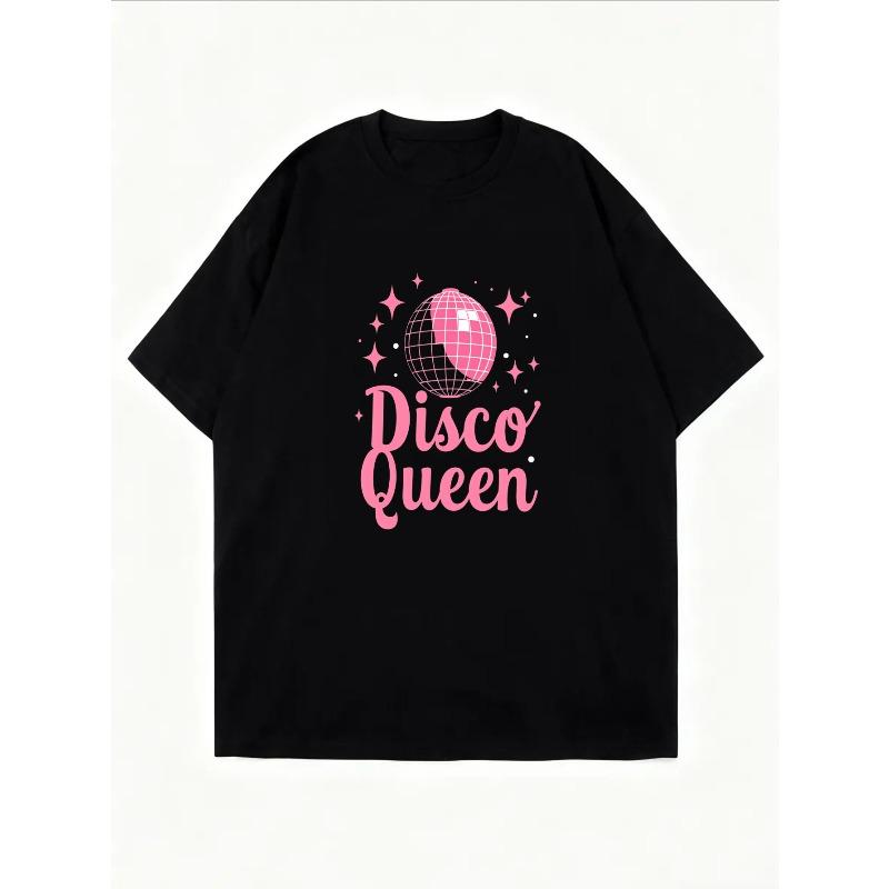 White T Shirt Disco Queen Pink Disco Ball Print Casual Summer Wear