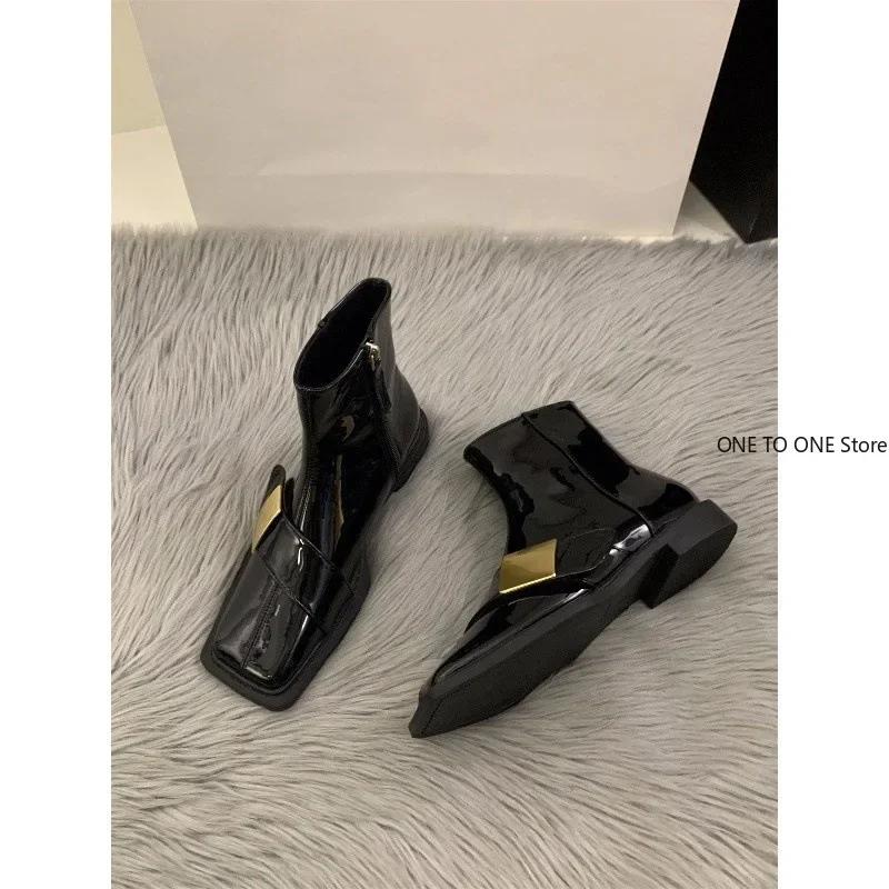 Мода 2025 Женские ботильоны Дизайнерские кожаные туфли с квадратным носком Новые массивные каблуки Молния Брендовый тренд Мотоциклетные Готические Снежные ботинки De Mujer