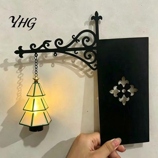 Minimalist Wall Sconce Christmas Tree Bookshelf Lantern, Vintage Iron Hanging Decor, LED Warm Shaped Lamp Light Bookend Ornament, Rustic Art for Shelf