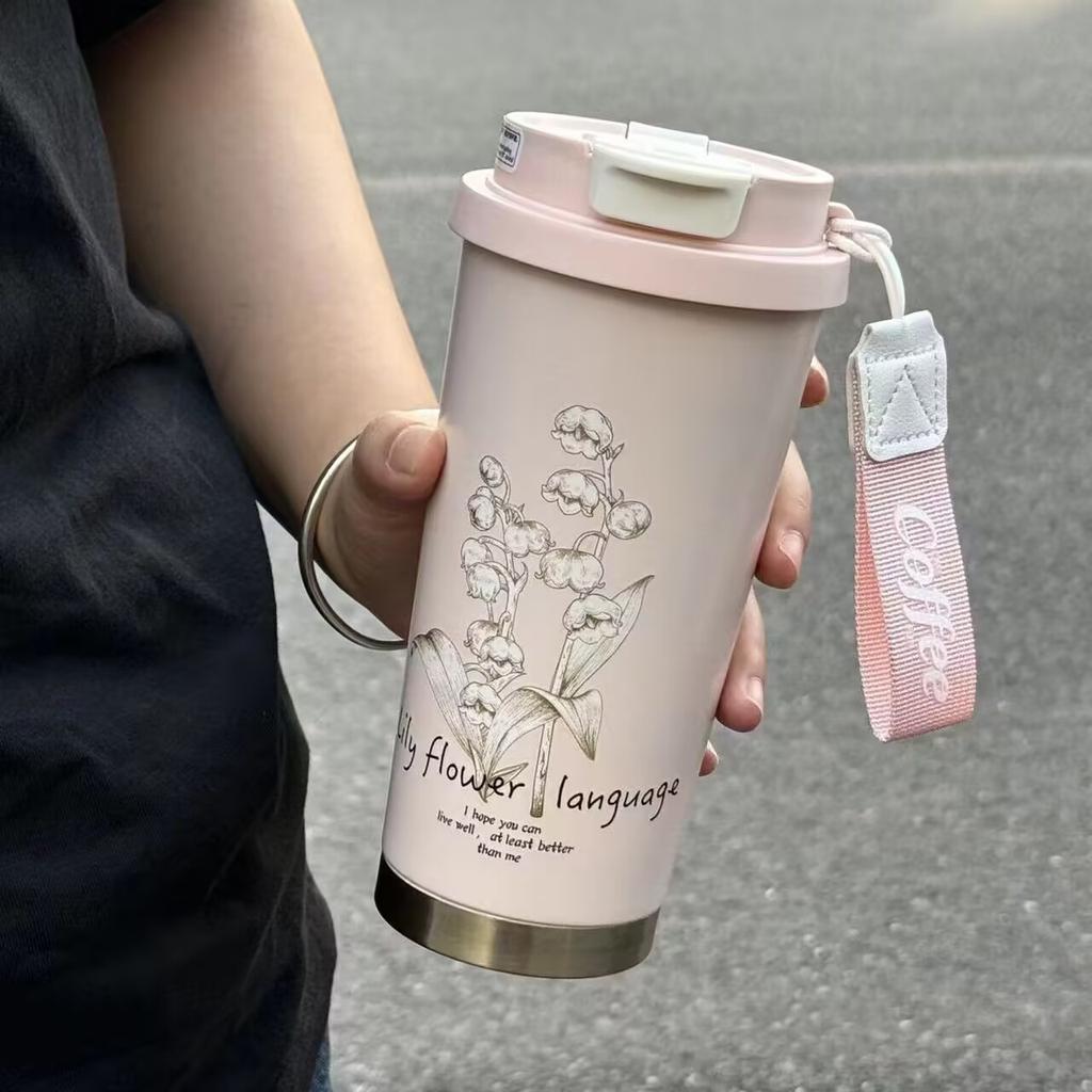 Retro Lily Of The Valley Thermos Cup 316 Stainless Steel Straw Coffee Cup Girls High Value Large Capacity Gift Cup