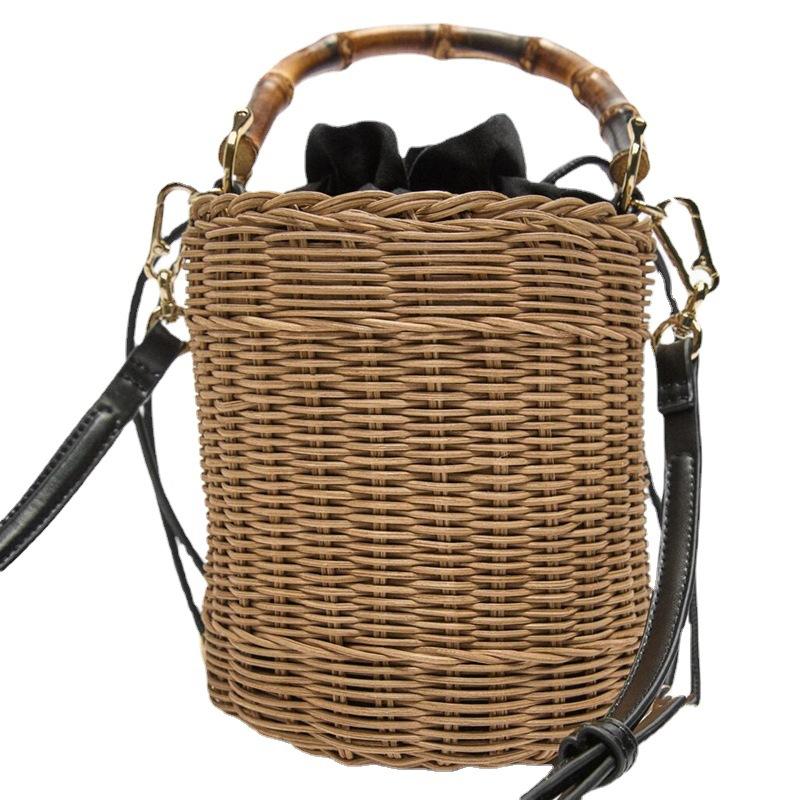 Bohemian Crossbody Bag with for Women Woven Straw Bucket Bags Female Rattan Wicker Bamboo Handle Beach Bags New