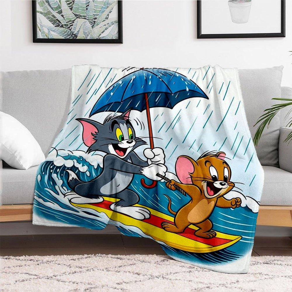 Tom Jerry Surfing in the Rain Poster PrintBlanket Flannel Throw Blanket for Sofa, Bed, Travel, Camping, Office