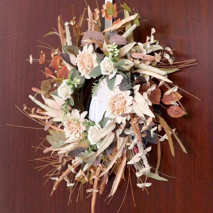 Cream Coffee Color Wreath for Front Door Handmade Artificial Floral Wreath with Bright Blooms and Foliages for Decors