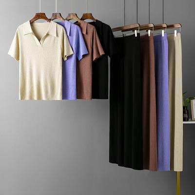 Женский пуловер с воротником поло, с короткими рукавами + тонкие и универсальные однотонные брюки палаццо вязаный модный костюм