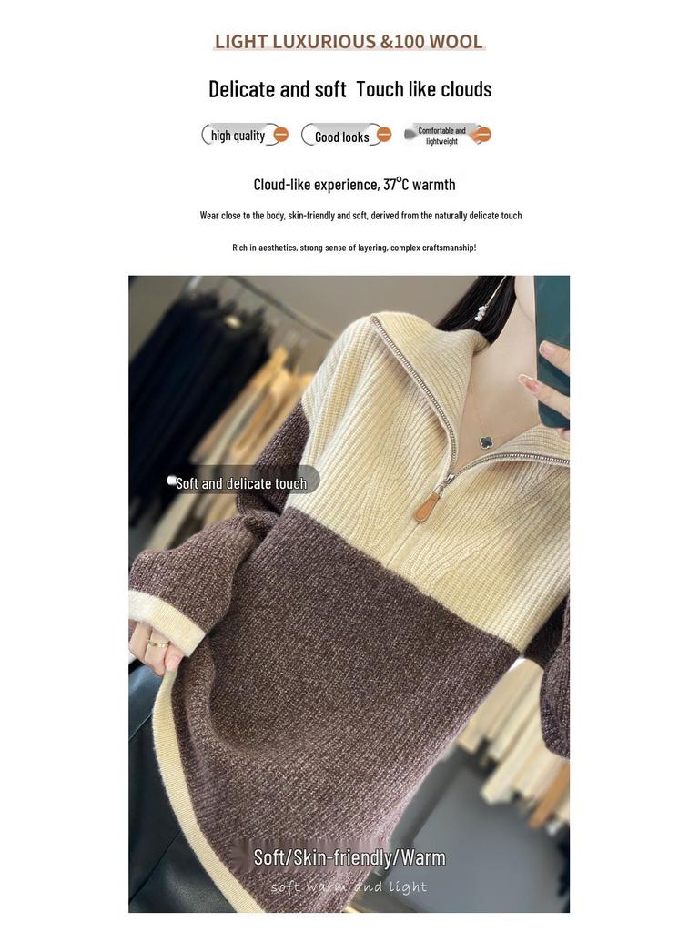 Color Block Wool Cashmere Sweater - Women's High-End Knitted Half-Open Collar Top