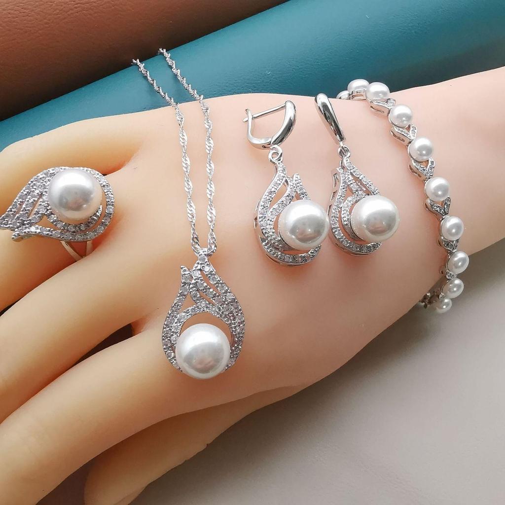 Европейский и американский роскошный набор ювелирных изделий с цирконом и жемчугом: Ожерелье, Серьги, Кольцо