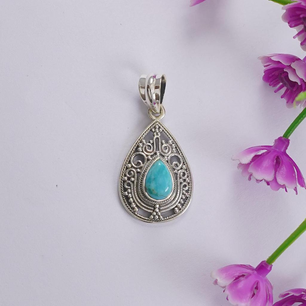 Arizona Turquoise Boho Pendant, 925 Sterling Silver Teardrop Designer Pendant, Gift for Friends, Birthstone Pendant