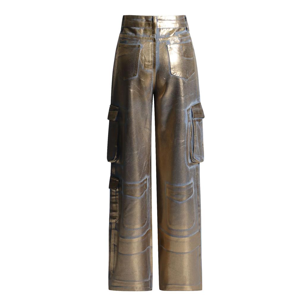 European and American Bronzing Jeans, Women's Fashion Personality, Multi-pocket Design, High-waisted Cargo Pants, Long Pants