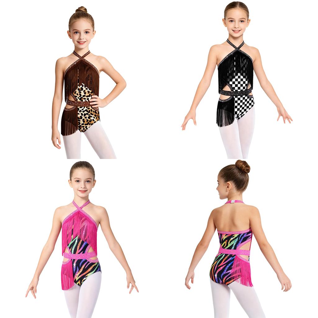 Kids Rhinestone Tassel Latin Dance Competition Bodysuit Halter Sleeveless Crisscross Back Side Cutout Jumpsuit for Stage Show