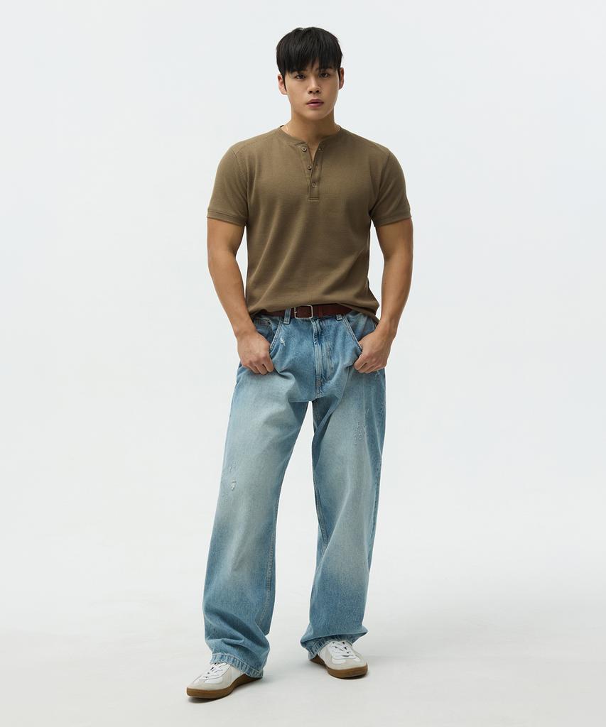 Michikoleondeonseupocheu Вафельная футболка-henley с коротким рукавом, прилегающего кроя, цвета хаки