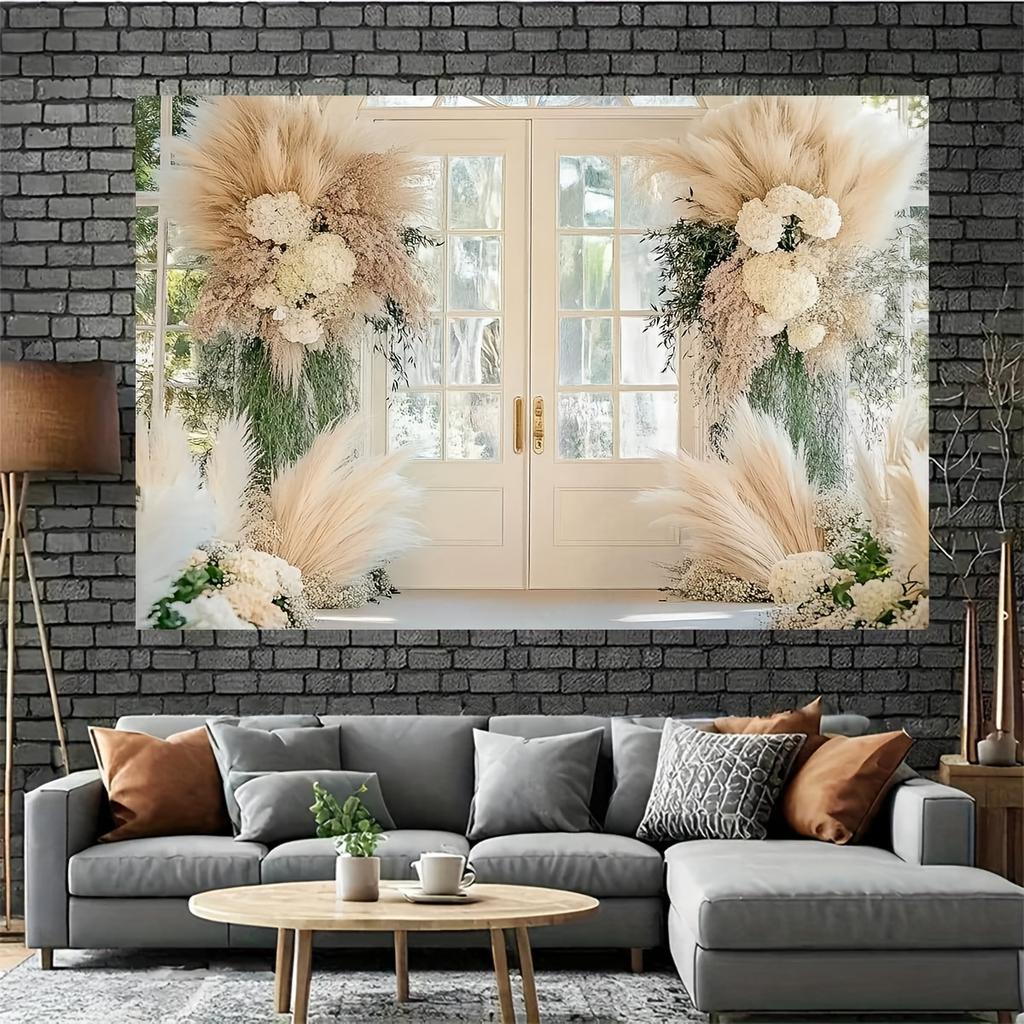 1 piece of elegant wedding floral background photo banner - made of polyester fabric with gold door decoration