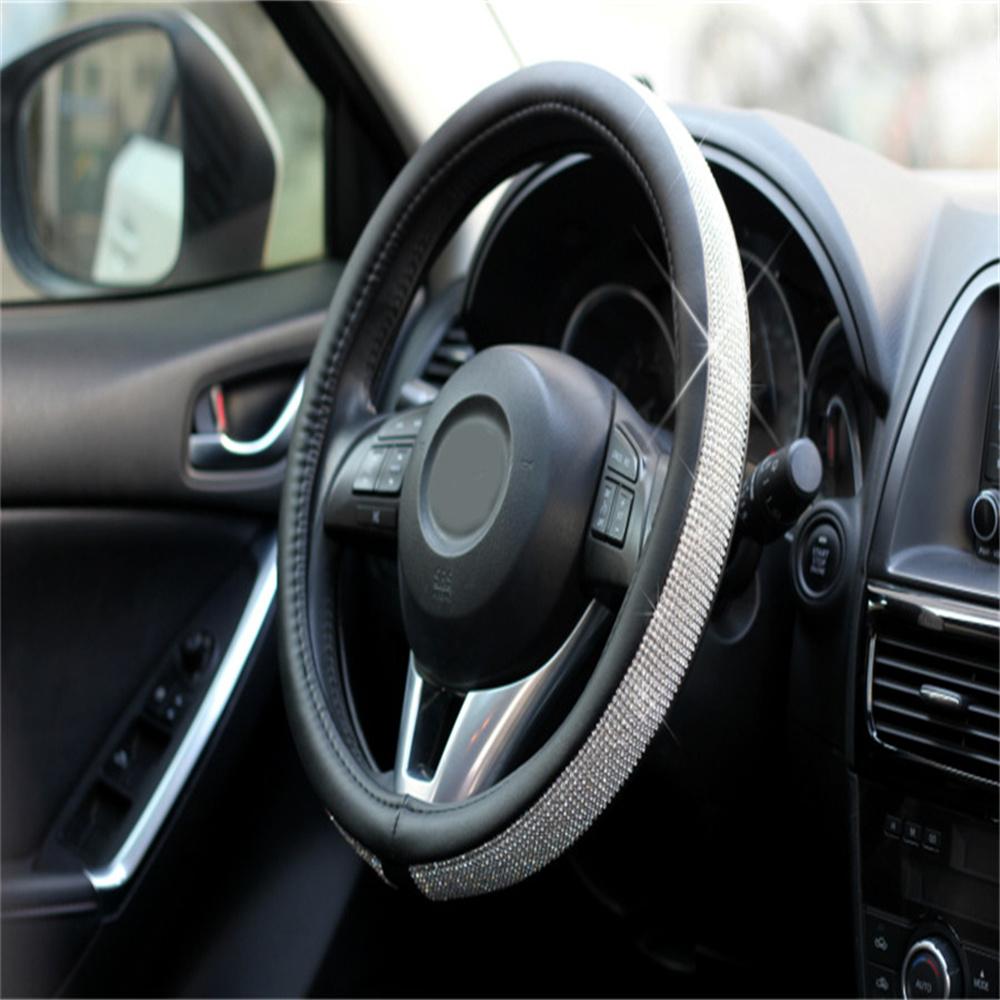 Черный 15'' 38см PU Кожа Кристалл Чехол на руль автомобиля со стразами