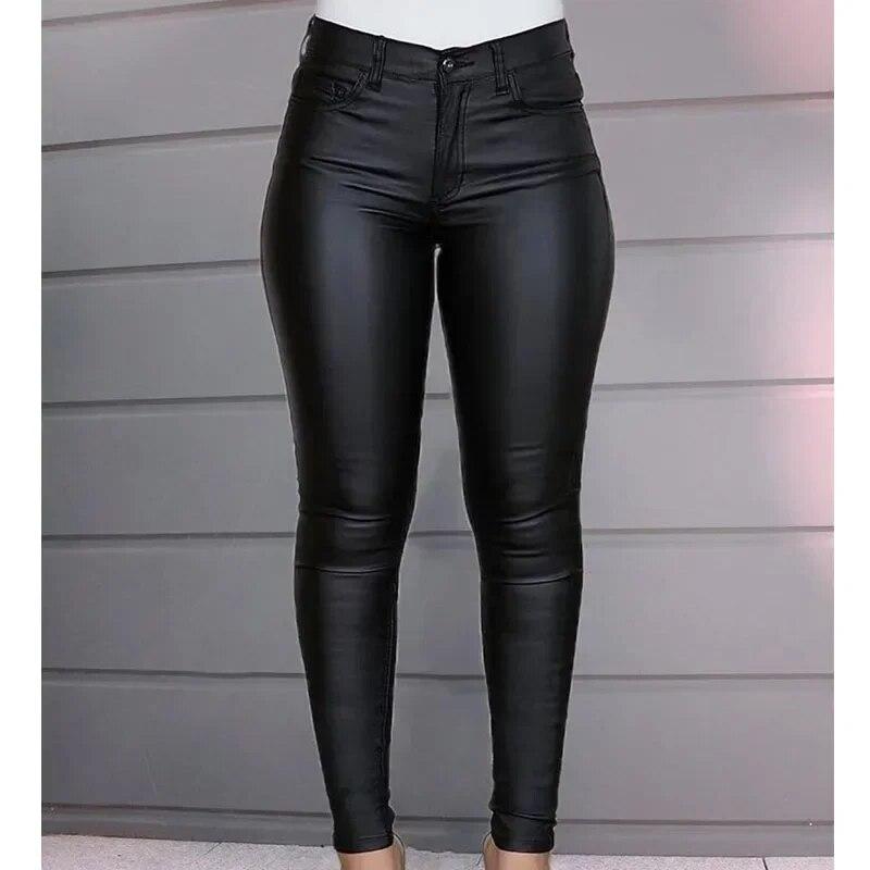 Уличная одежда, сексуальные тонкие брюки из искусственной кожи, модные однотонные женские брюки с карманами и высокой талией, женские повседневные офисные брюки 30360