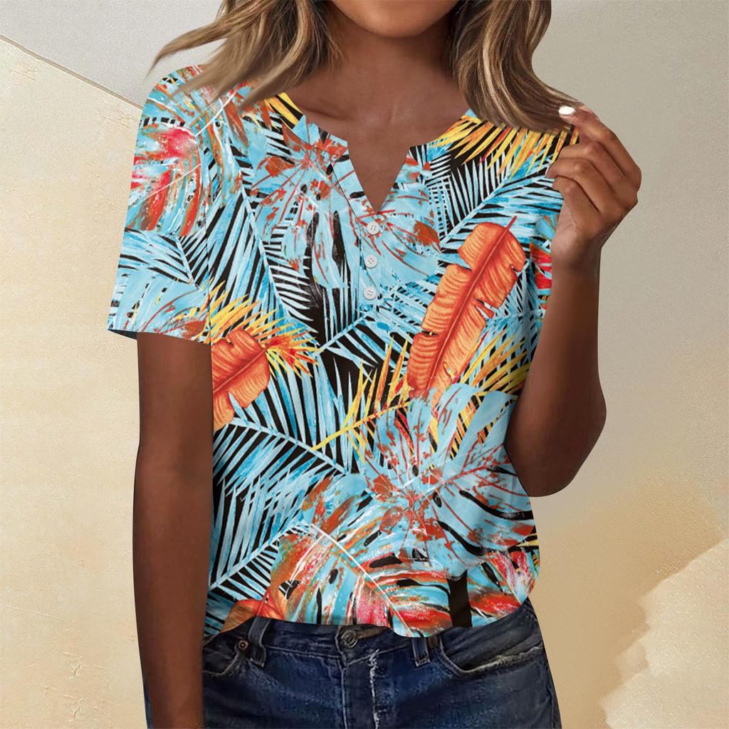Женская мода повседневный короткий рукав цветочный принт топ