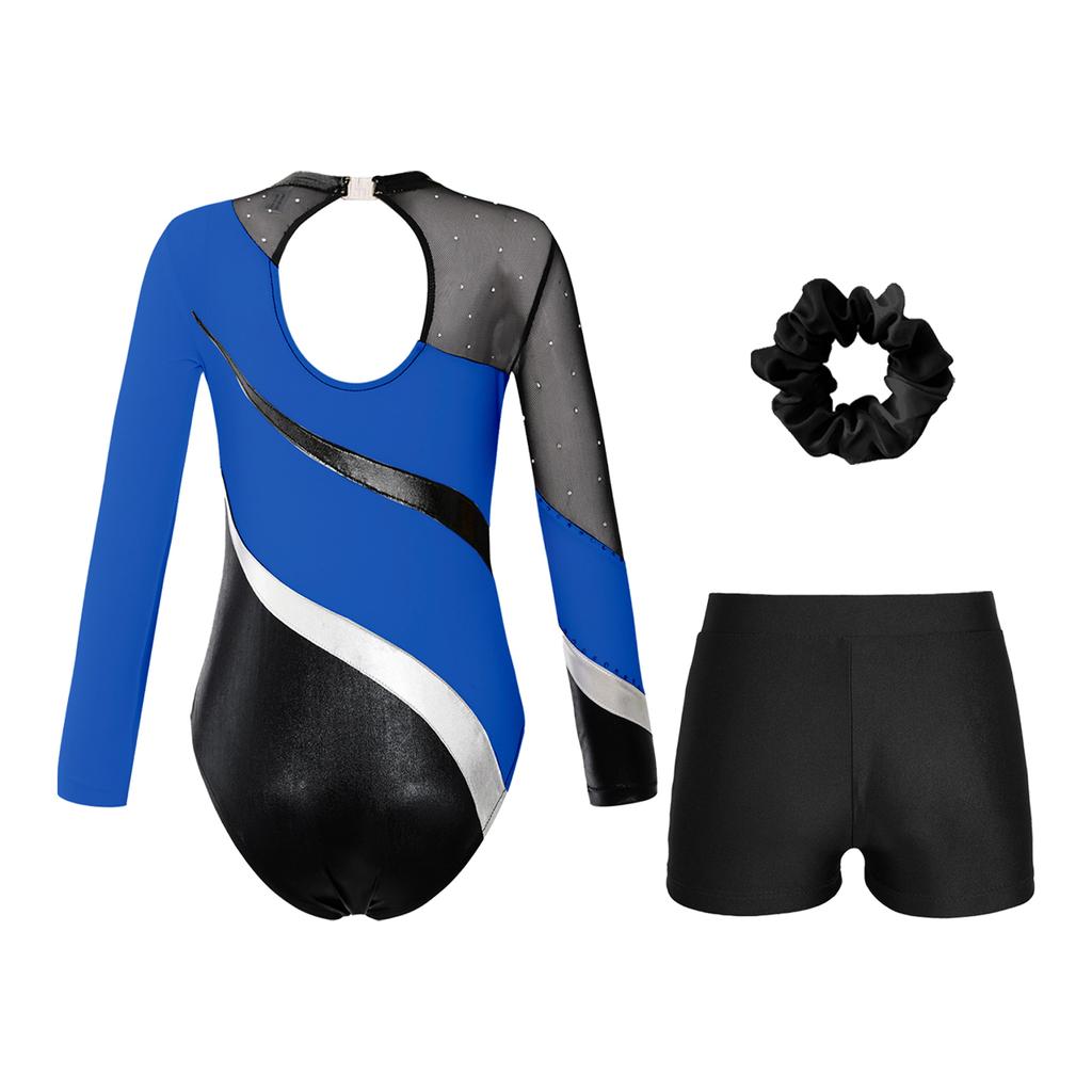 Комплект для выступлений по гимнастике для девочек, леотард с длинным рукавом, блестящими стразами и лоскутным дизайном, V-образным вырезом, поясом на талии, шорты, повязка для волос