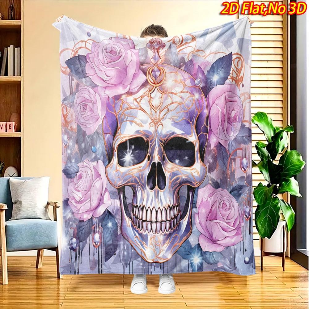 1pc 2D Flat Printing Spring And Summer New Arrival Exquisite Skull And Pink Rose Theme Digital Print Blanket, All-Season Use, Casual Throw, 100% Polye