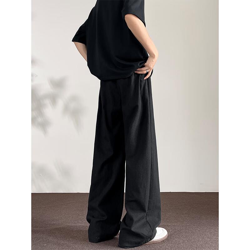 Dingfengbaoluo Men's Linen Pants, Spring Pure Cotton, Draping Loose Straight-Leg Solid Color Casual Pants, DJ83 Black 3XL