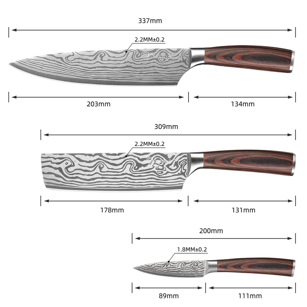 Sunnecko Knife Gyuto Vegetable 3 Piece Stainless Steel Damascus Wooden Double Meat Fish Vegetable Rust Gift Set, Knife, Knife, Set, Pattern, Handle,