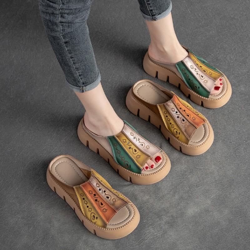 Genuine Leather Thick Soles Sandals Women Retro Wedges Slides Comfortable Outdoor Platform Slippers