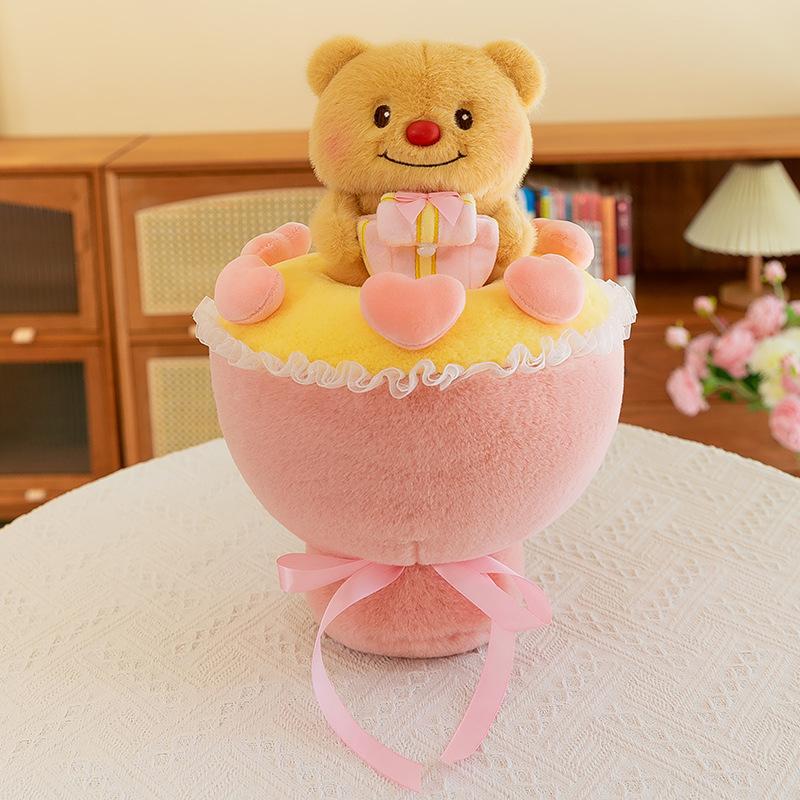 Cute Butter Bear Plush Toy Doll Transform Into A Bouquet Pillow Doll Chinese Valentine's Day Gift