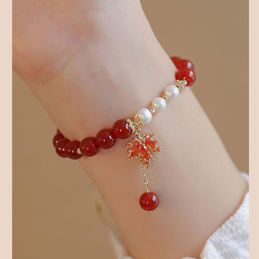 Новый браслет из кленового листа Send Acacia Red Bean Женский стеклянный браслет Дизайн ниши высокой ценности ins Отправить девушке