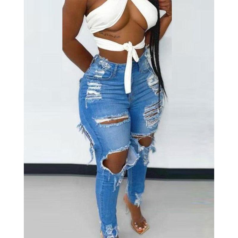 Washed Ripped Personality Street High-Waisted Women's Jeans