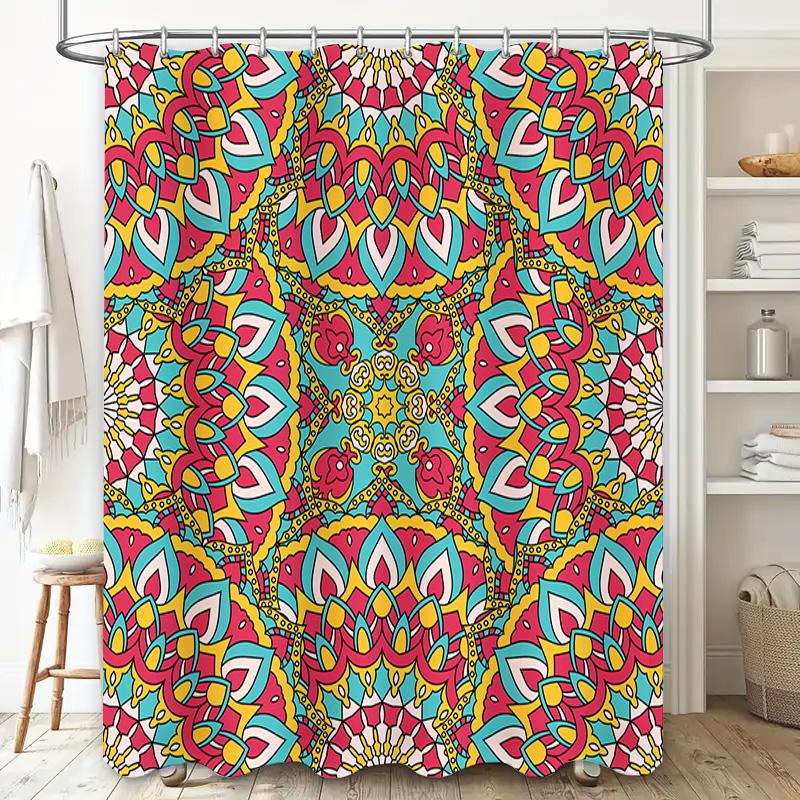 Mandala Shower Curtain Bathroom Decorative Waterproof Fabric Bath Liner Modern Print Pattern Pink Blue Yellow Red Flower Design