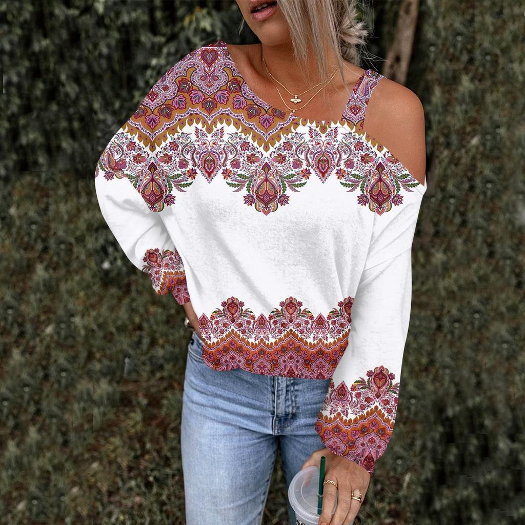 Women's Hollowed Out Fashionable Casual Floral Print Off Shoulder Hoodie Top