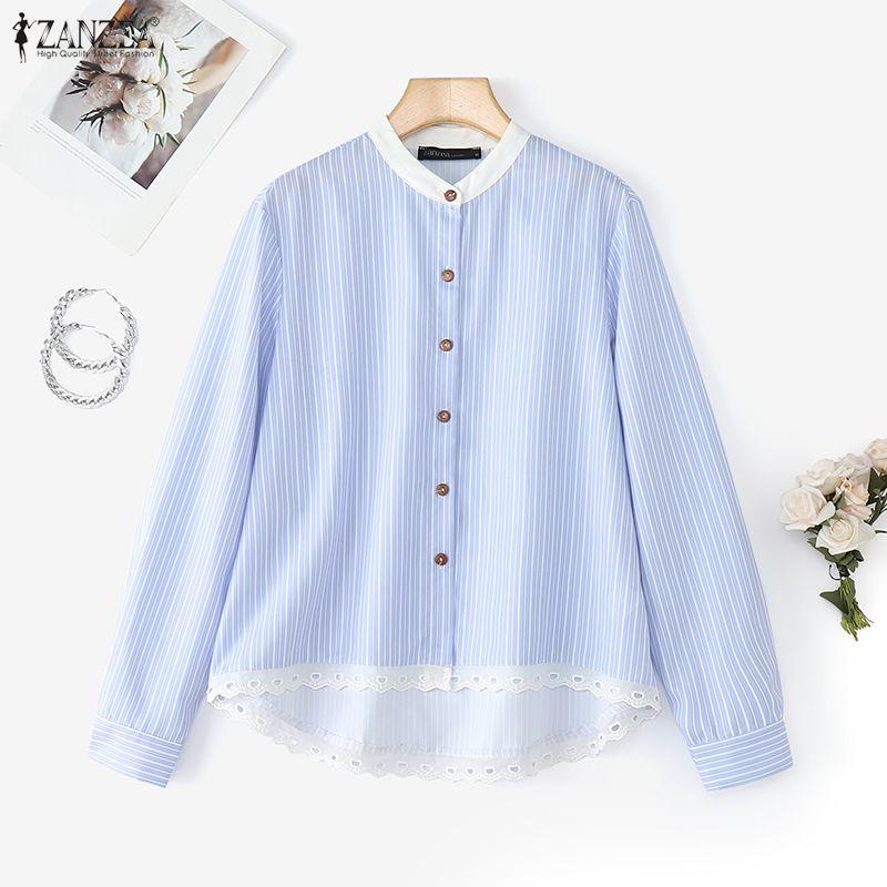 ZANZEA Женская повседневная блузка с круглым вырезом, длинным рукавом, кружевной вставкой и полосками