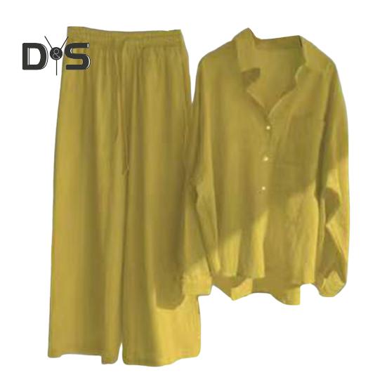 2 шт./компл., женская рубашка больших размеров, комплект брюк, сплошной цвет, блузка с воротником с лацканами и длинными рукавами, высокая талия, свободные широкие брюки, комплект, повседневная одежда для поездок на работу