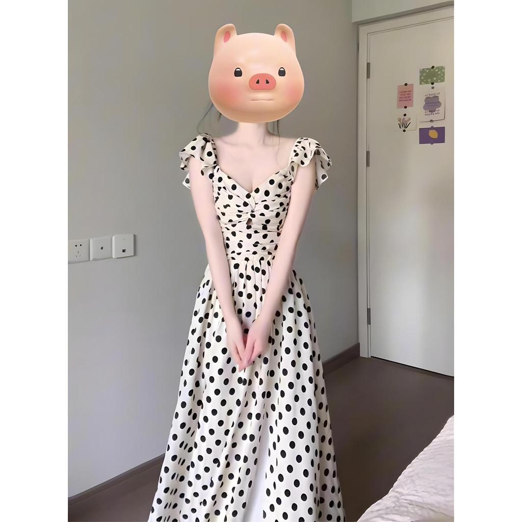 Retro Gentle Wind Black and White Polka Dot Small Flying Sleeve Dress Vacation Style Temperament Waist a Word Long Dress Summer
