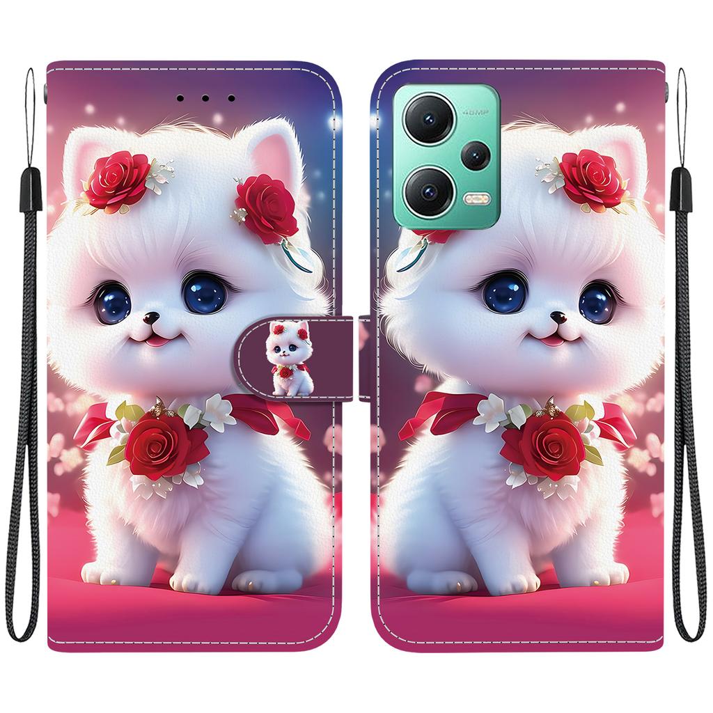 Handmade PU Leather Flip Case for Redmi Note 12 5G/Xiaomi Poco X5 Anti-Slip Shockproof Cover with Wrist Strap & Heart/Rose Cat Designs