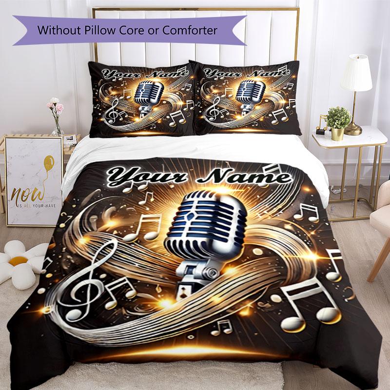 3PC Custom Name Music Microphone Artwork Bedding Set Duvet Cover Closure Includes 1 Duvet Cover & 2 Pillowcases for Bedroom