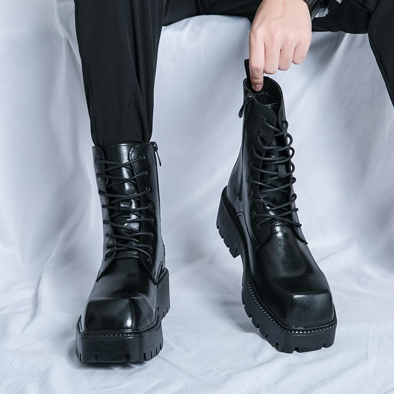 Модные Высококачественные Мужские Весенние Новые Ботинки на Шнуровке, Удобные Ботинки Хай-Топ из Коровьей Кожи, Модные Ботинки на Толстой Подошве с Квадратным Носком для Мужчин, Повседневные Короткие Ботинки