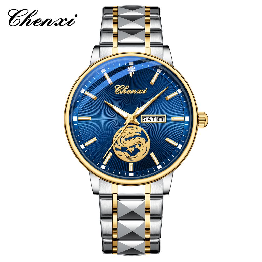 Chenxi Luxury Watch Men Golden Dragon Pattern Stainless Steel Fashion Quartz Wristwatches Curved Mirror Watches For Men Business