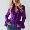 Spring European Style Solid Color Chiffon Blouse with V Neck and Ruffled Sleeves Chiffon Women's Blouses and Shirts