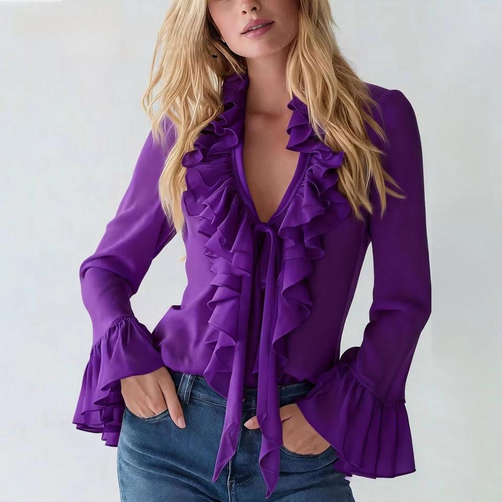 Spring European Style Solid Color Chiffon Blouse with V Neck and Ruffled Sleeves Chiffon Women's Blouses and Shirts