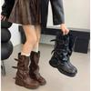 Belt Buckle Pleated Thick-soled Medium Boots for Women, Spring New Trousers, Western Boots, Trendy Boots