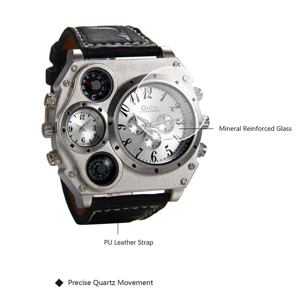 JewelryWe Fashion Multifunctional Watch Numeral Dial Analog Display Leather Band Sports Watch Thermometer Function Black Men's Compass, Silver,